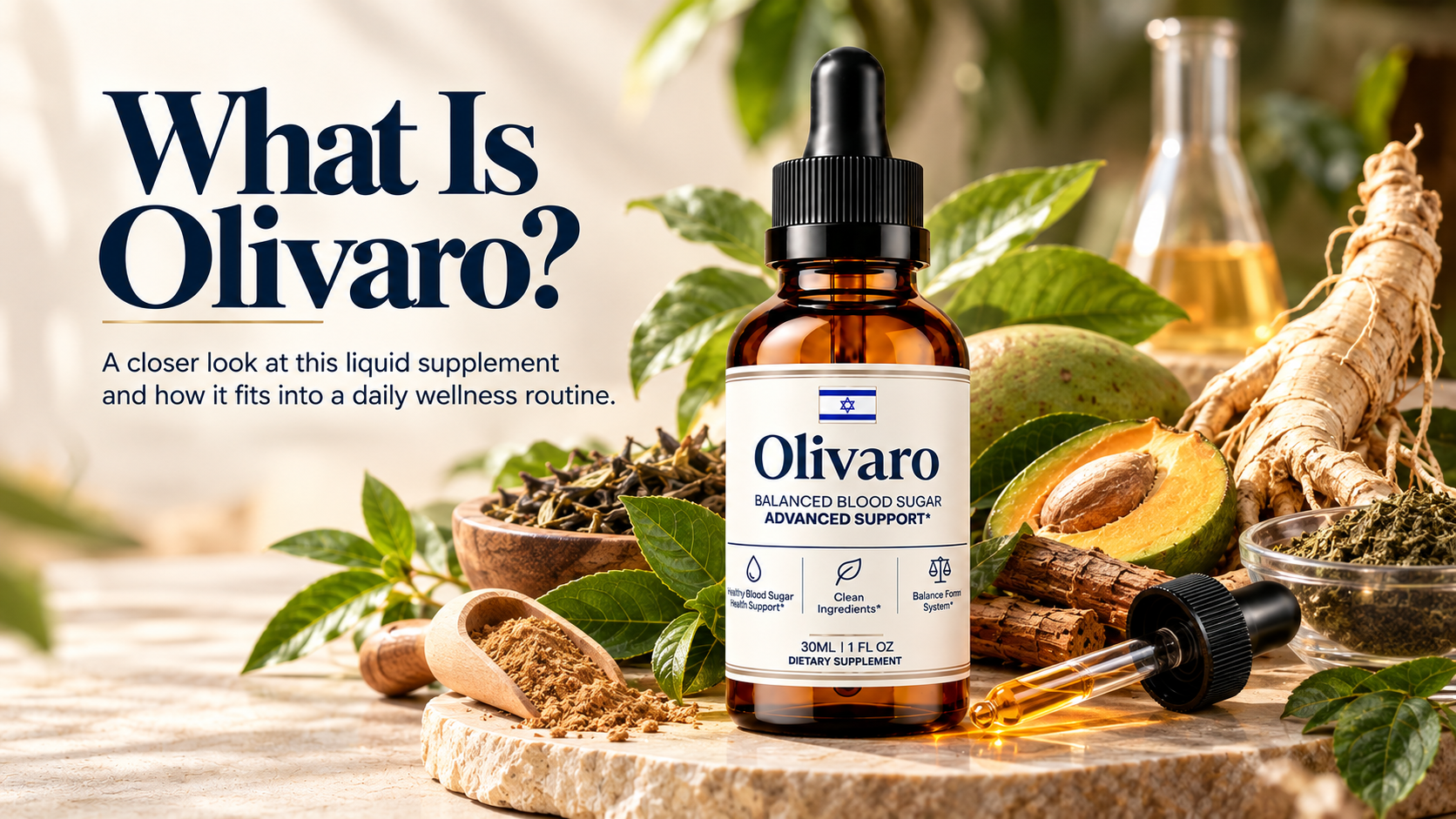What is Olivaro: a liquid supplement in an amber dropper bottle with botanical ingredients